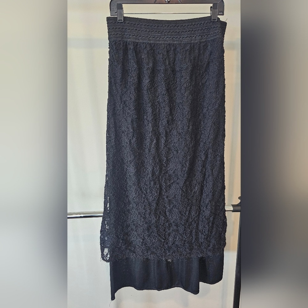 Womens XL Black High-Low Lace Midi Pencil Skirt Elastic Waist Cocktail Witchy